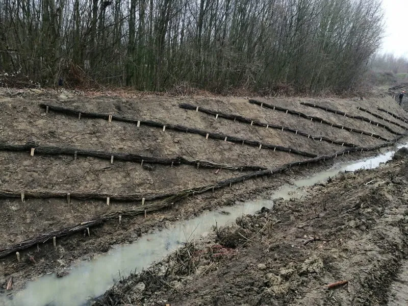 Böschung des Regenrückhaltebeckens mit Abdeckung