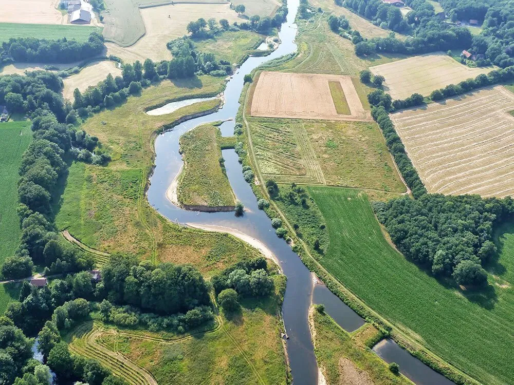 Luftbild eines mäandrierenden Bachs zwischen Feldern