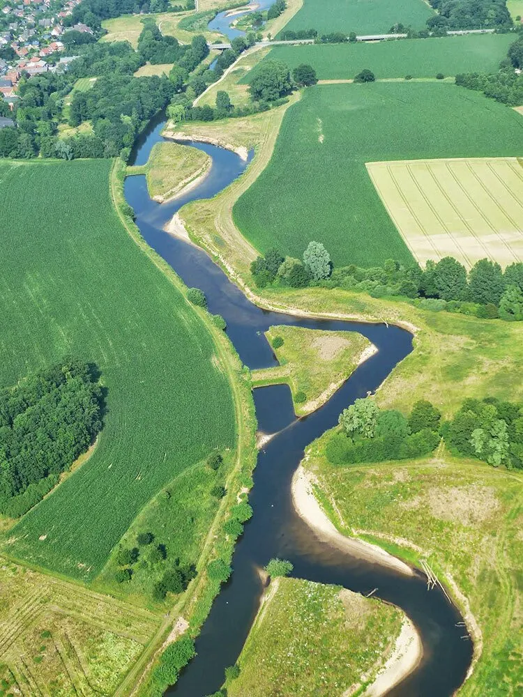 Luftbild eines geschwungenen Gewässers in grüner Landschaft