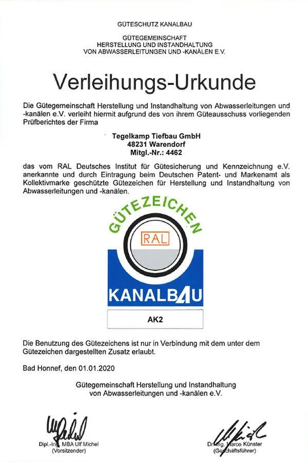 Verleihungs-Urkunde der Gütegemeinschaft Kanalbau für die Tegelkamp Tiefbau GmbH, Gütezeichen Kanalbau AK2, Mitgliedsnummer 4462, 01.01.2020